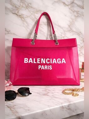 Balenciaga Hot Pink Mesh Paris Tote with Chain Handles